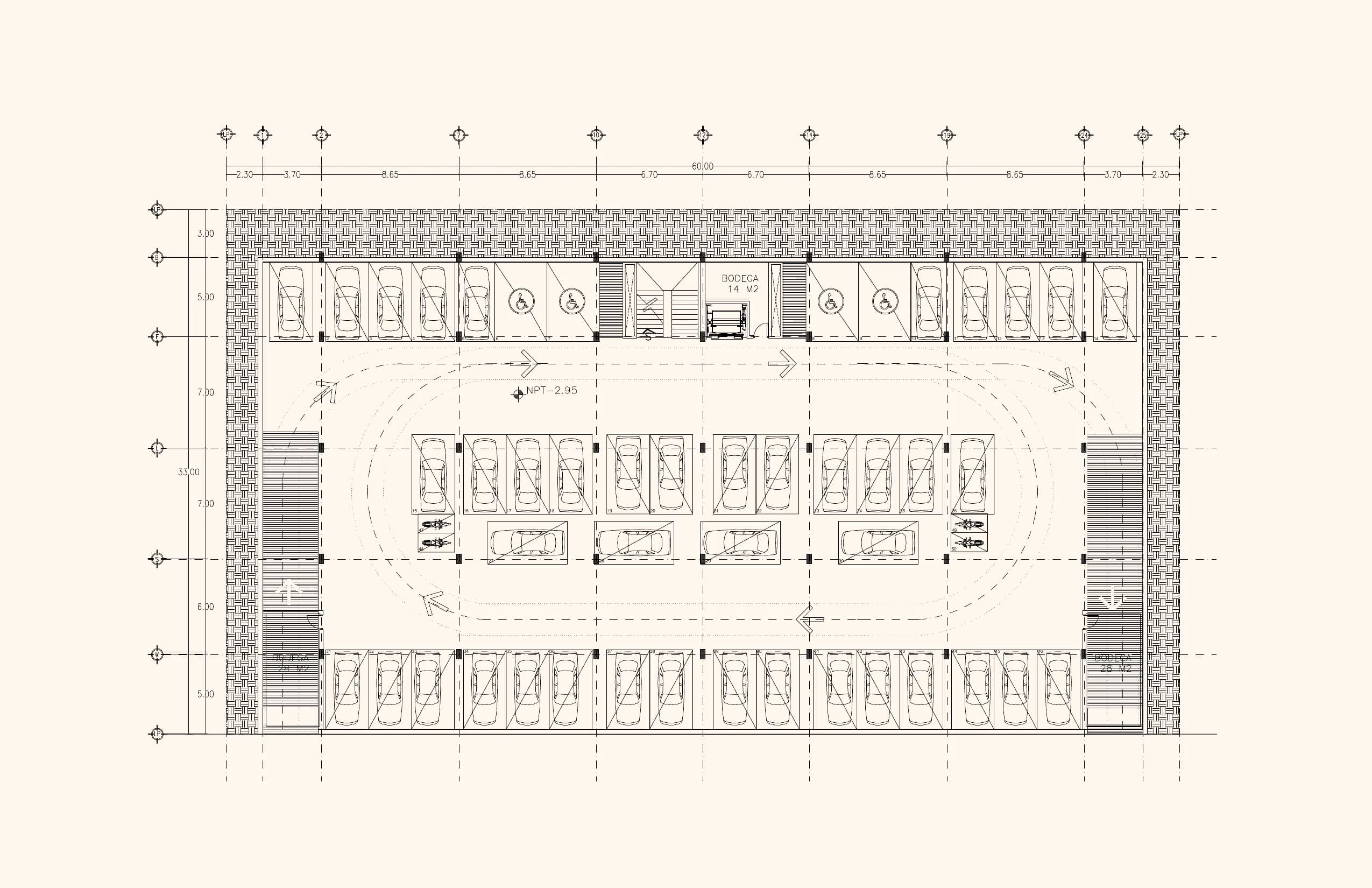 Plano arquitectónico — Estacionamiento, NPT −2.95
