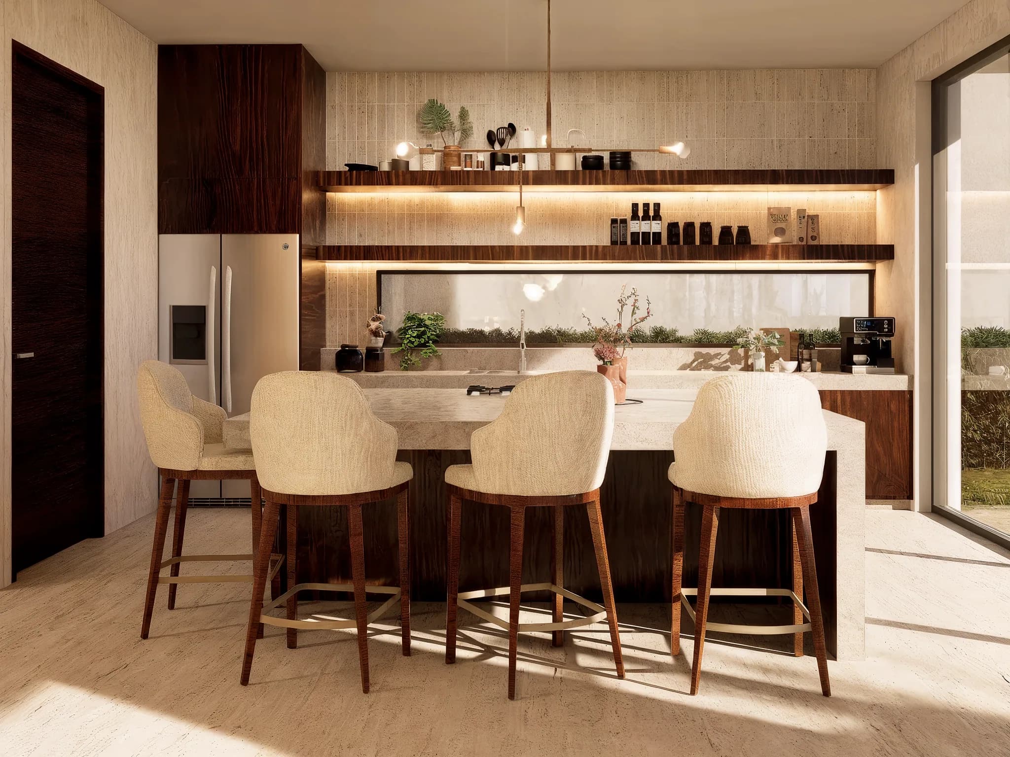 Cocina con isla de mármol, sillas de boucle y madera nogal