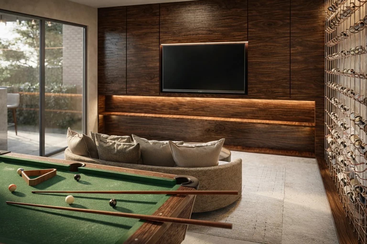 Sala de entretenimiento con mesa de billar y cava de vinos