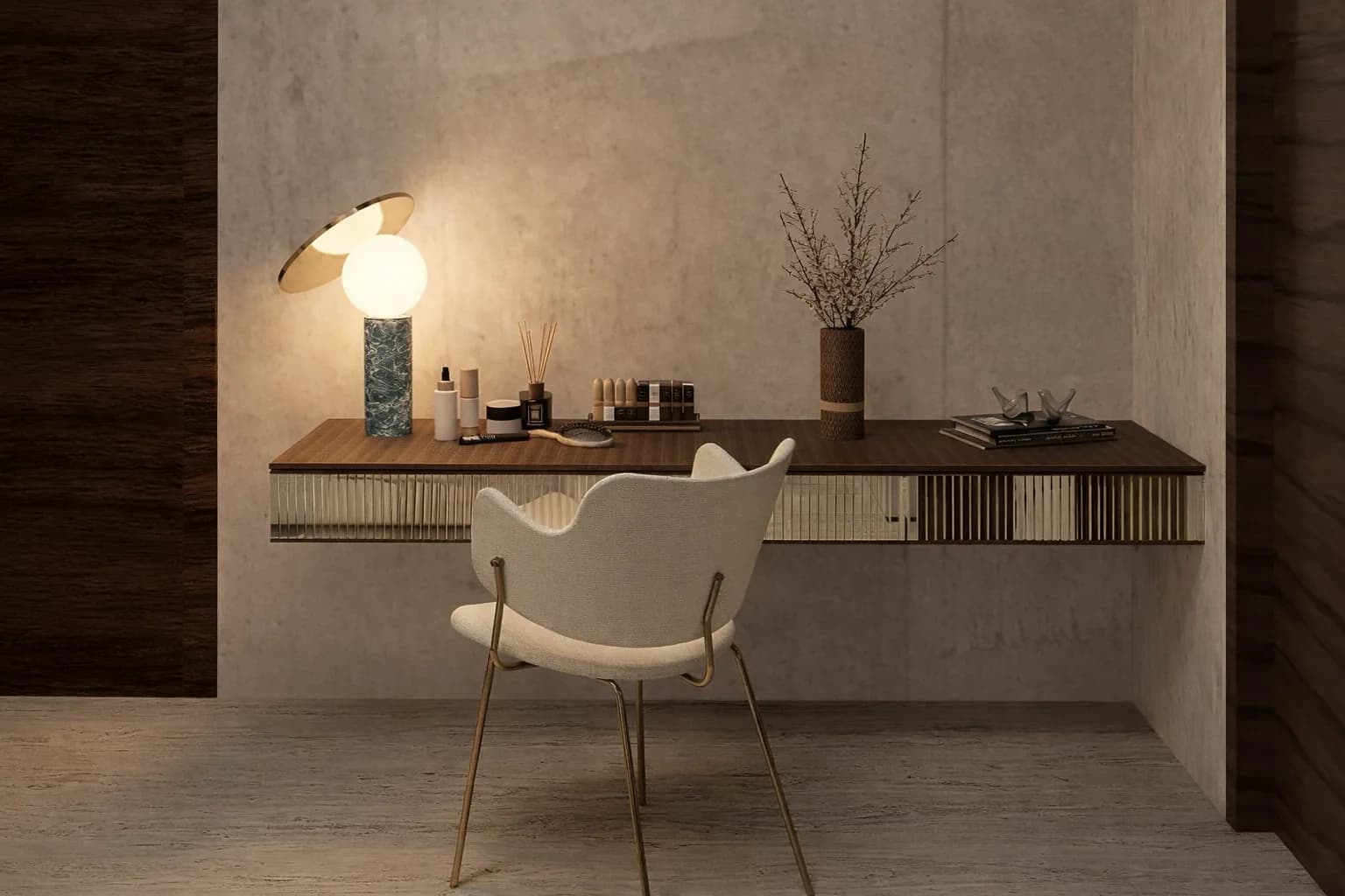 Estudio con escritorio flotante, silla neutra y lámpara escultórica