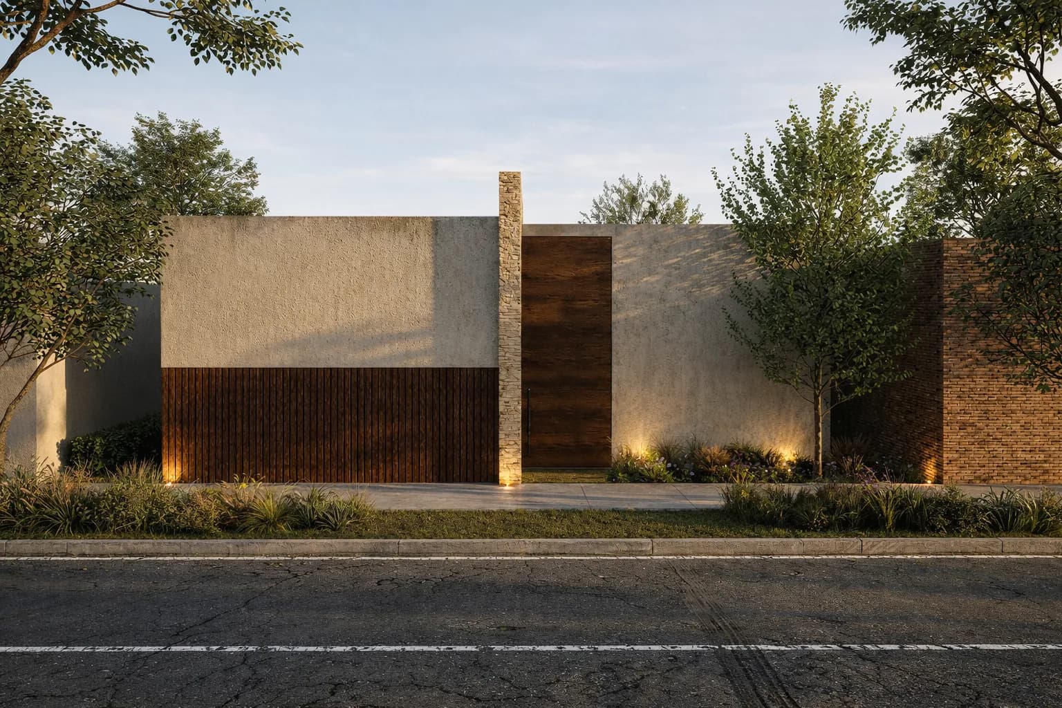 Fachada de Casa Nodo al atardecer