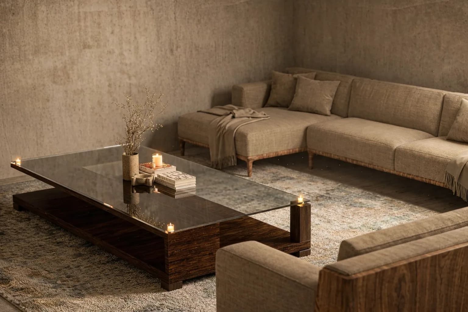 Interior cálido con mesa de madera y velas