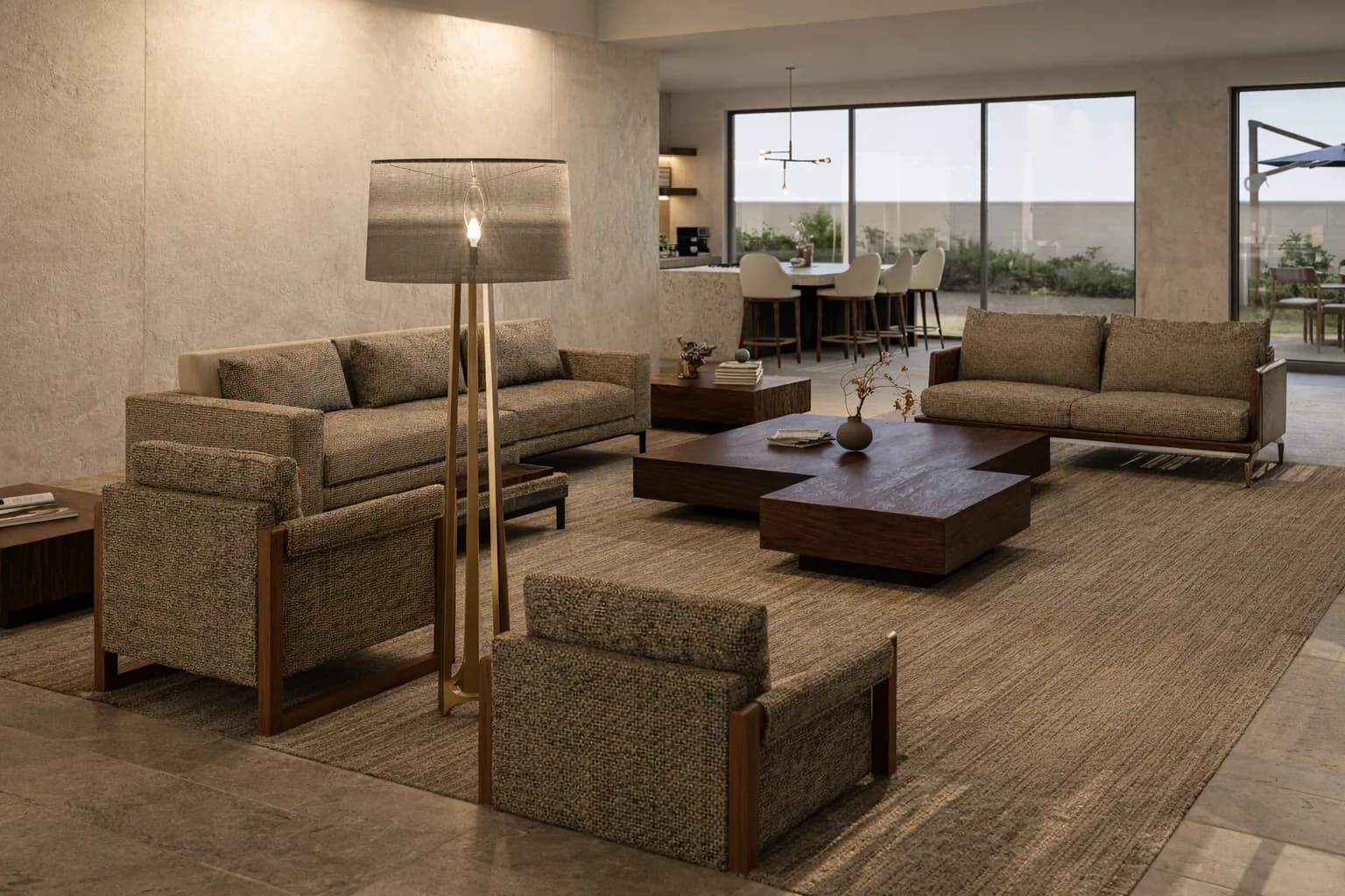 Sala principal con lámparas de pie, sillones neutros y doble altura
