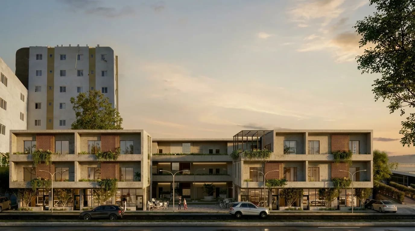 Fachada de Distrito 919 en contexto urbano con edificio vecino