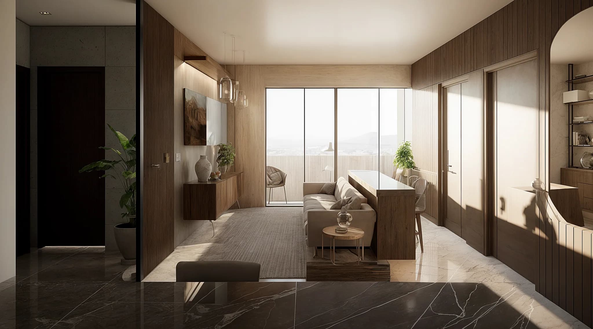 Interior de departamento con piso de mármol y carpintería en madera