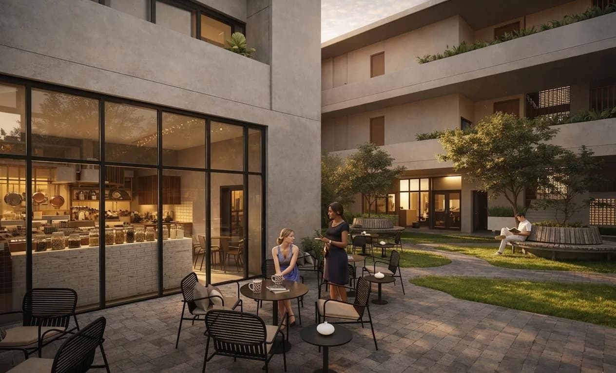 Patio central con comensales, cafetería y áreas ajardinadas