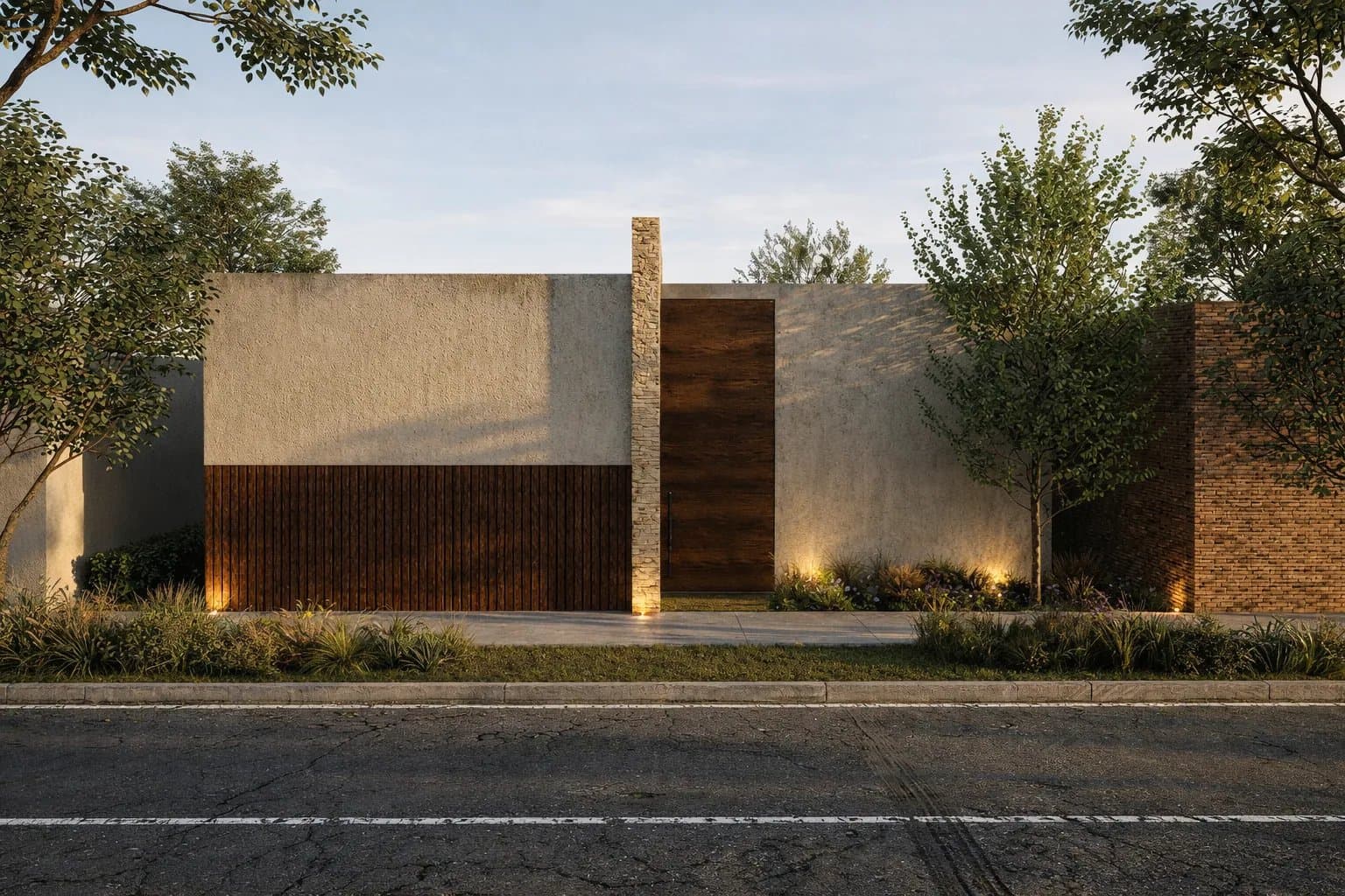 Fachada de Casa Nodo al atardecer
